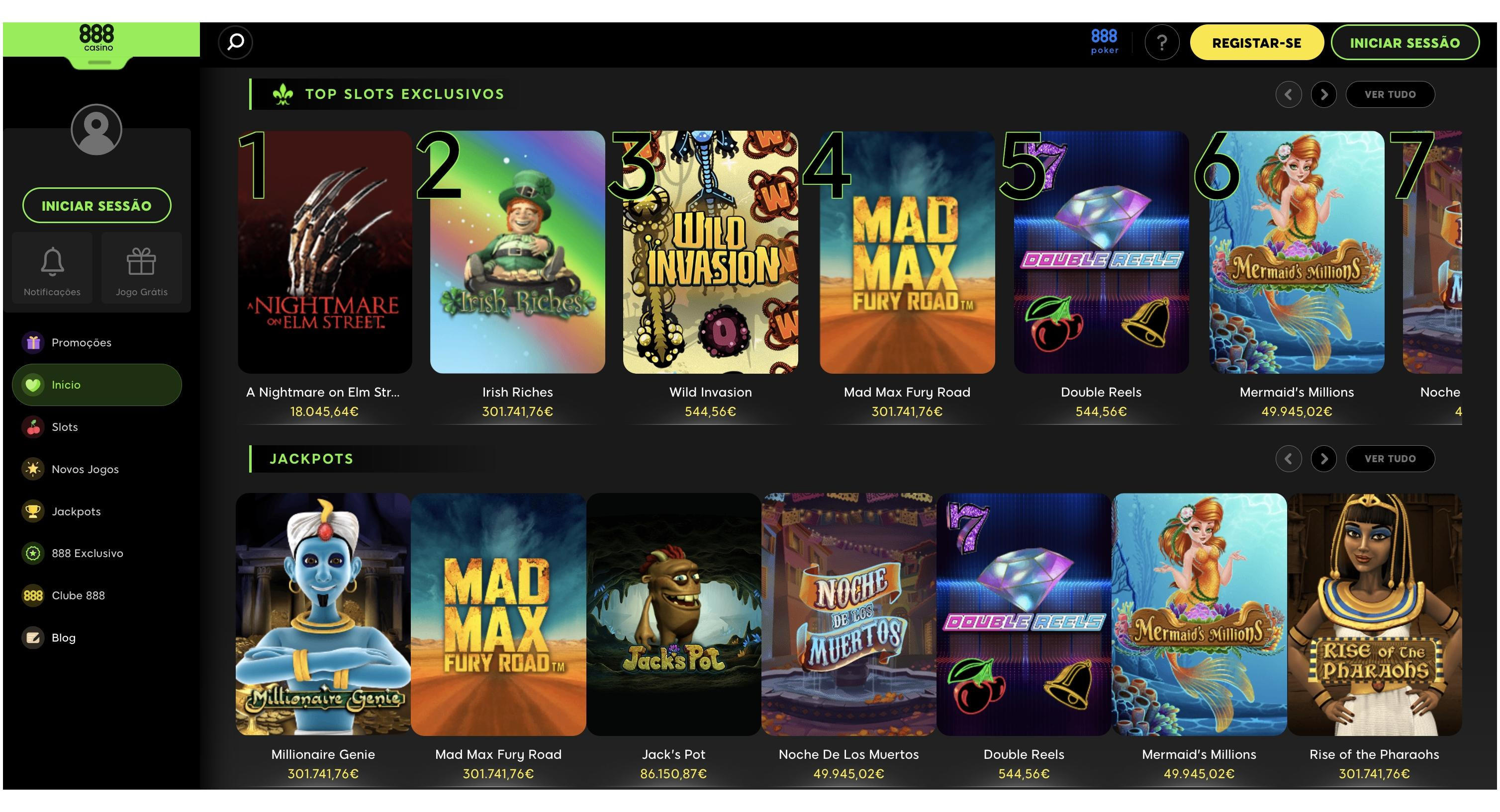 888casino website screenshot a mostrar jogos exclusivos