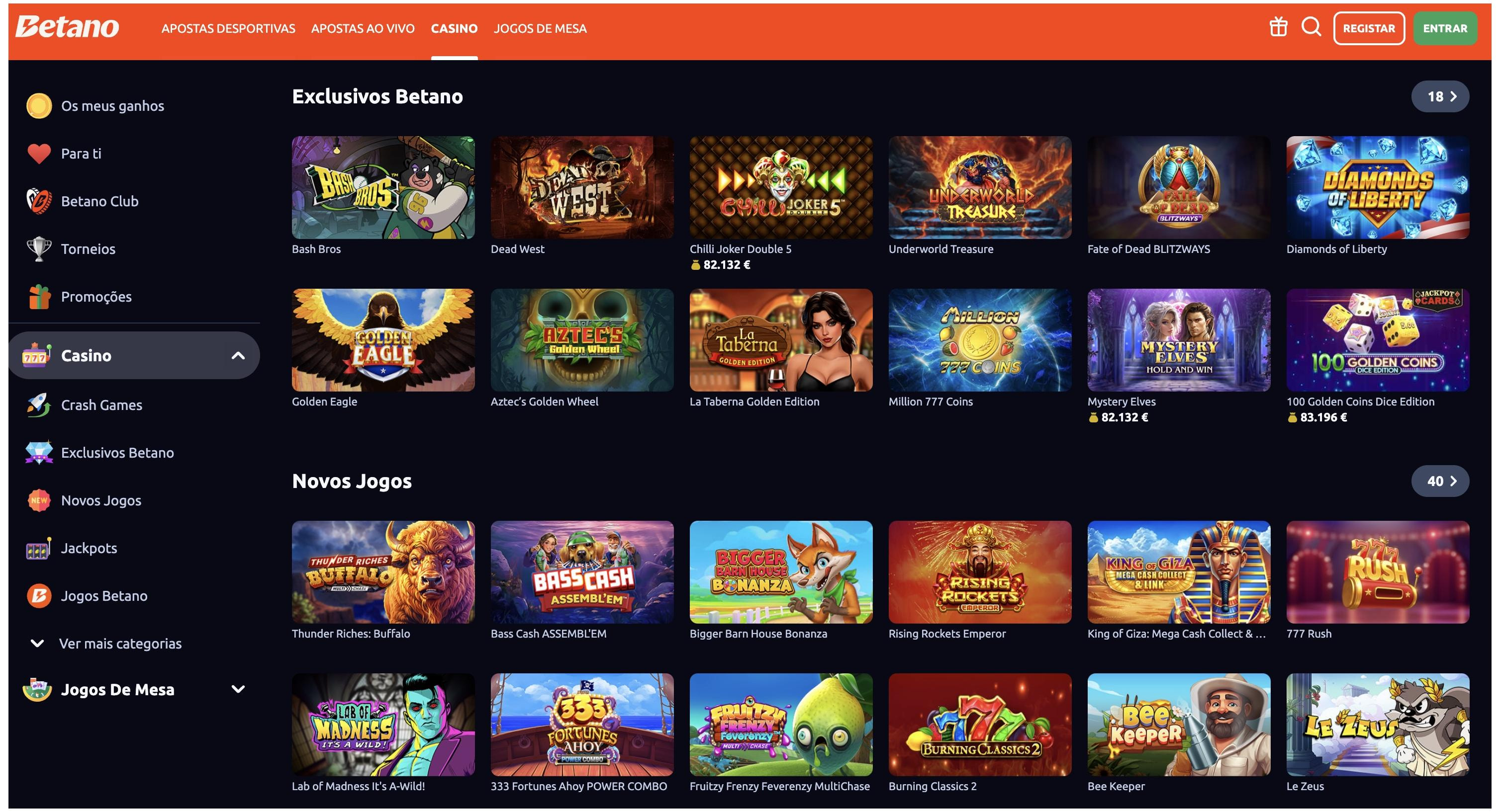 Betano casino website screenshot a mostrar seleção de novos e jogos exclusivos