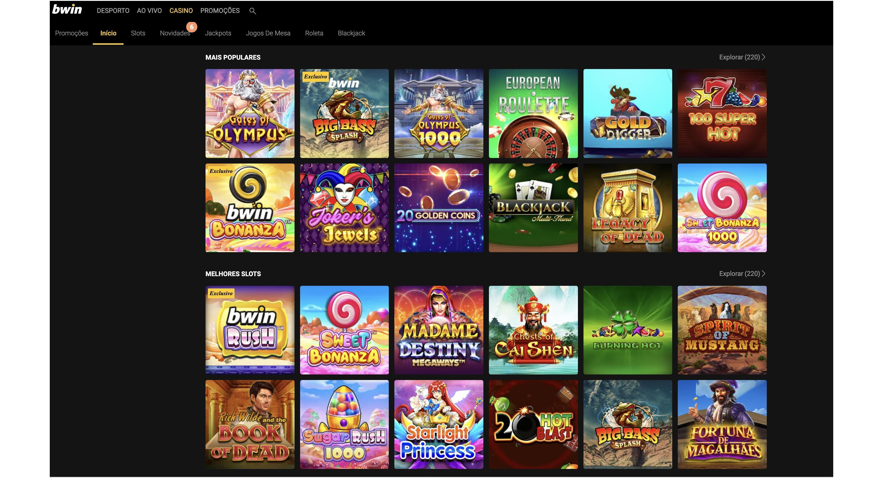 bwin casino website screenshot a mostrar jogos mais populares e melhores slots