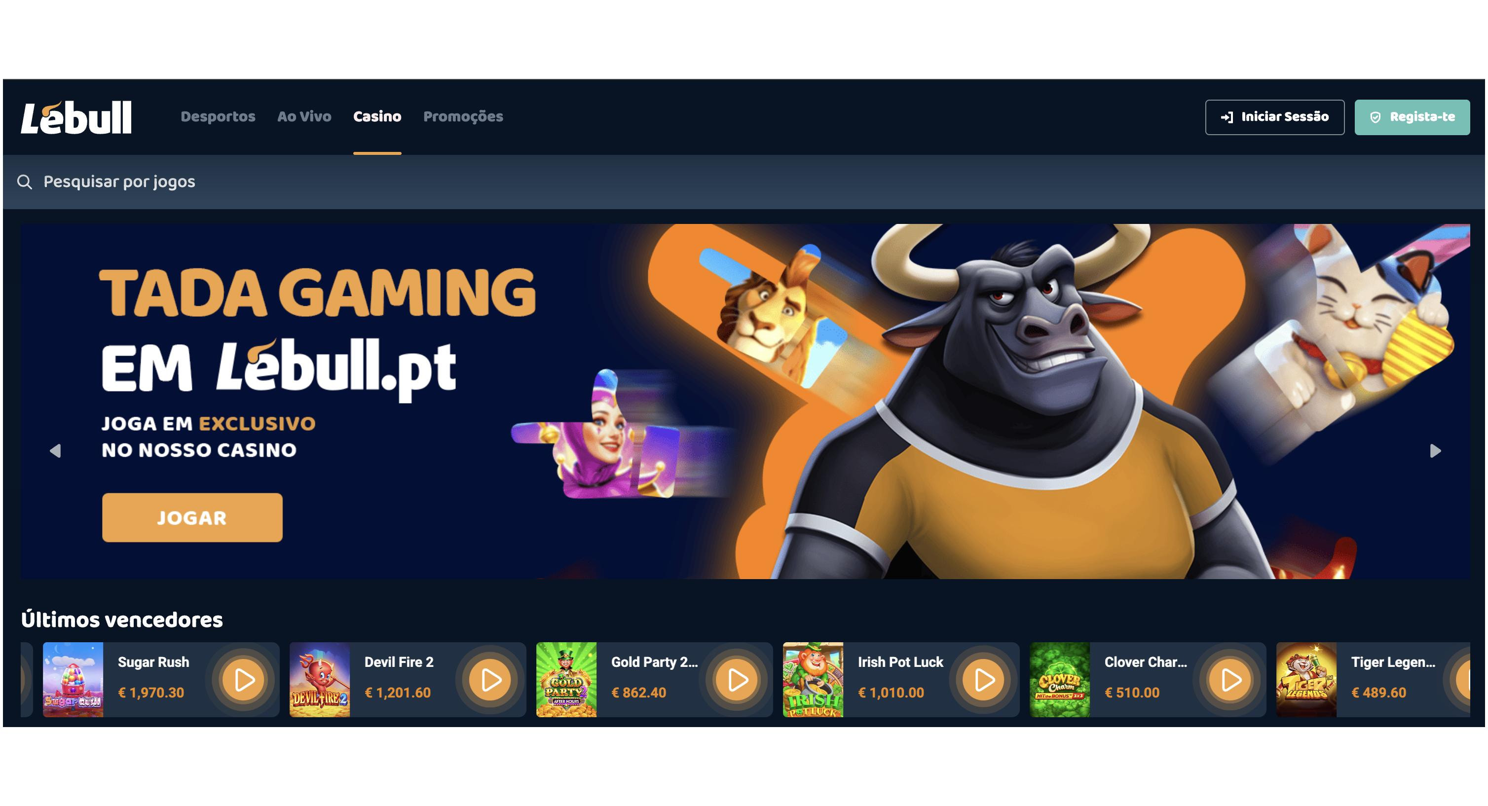 Lebull casino website screenshot a mostrar catálogo de casino