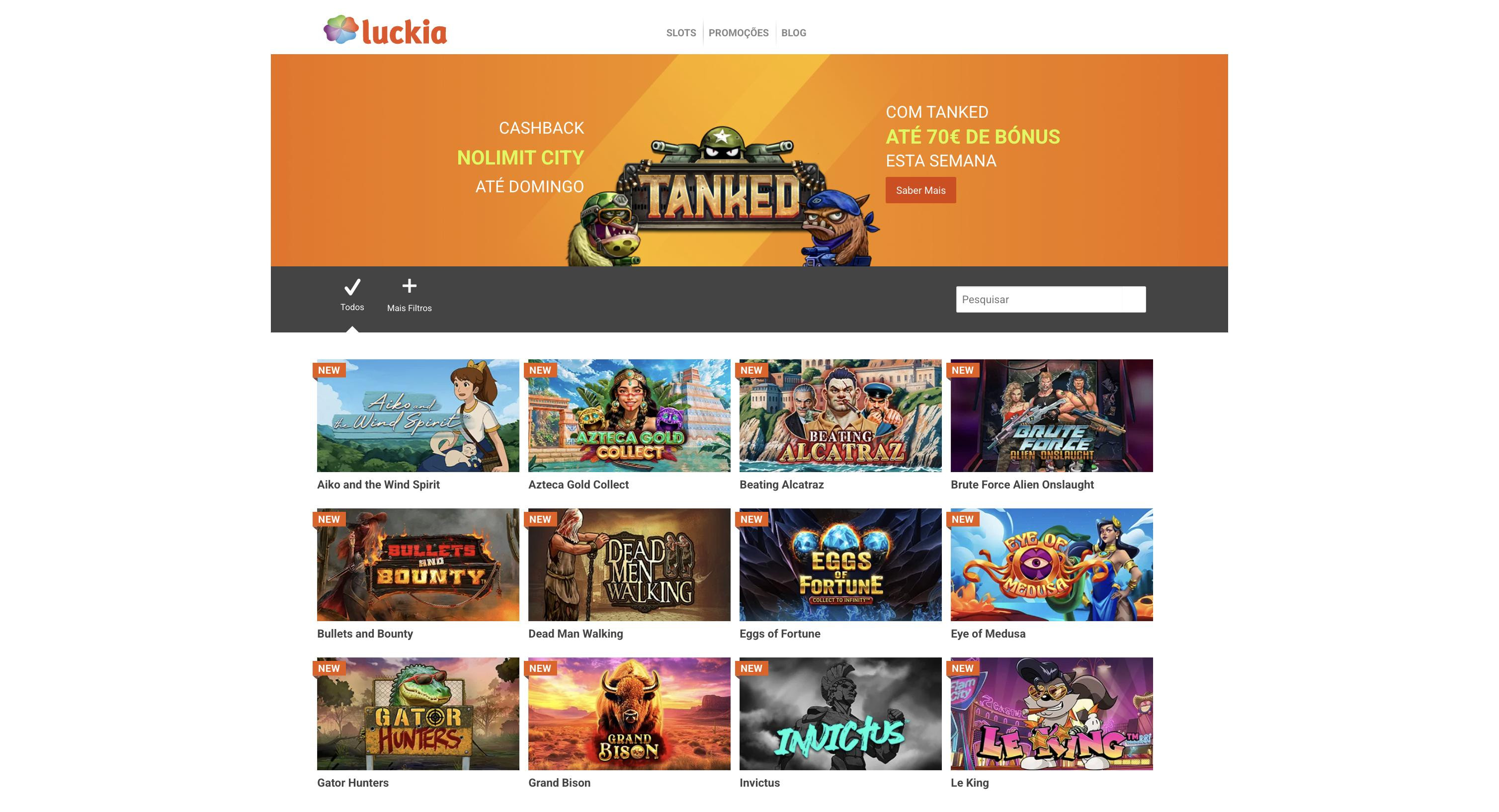 Luckia casino website screenshot a mostrar slots de qualidade