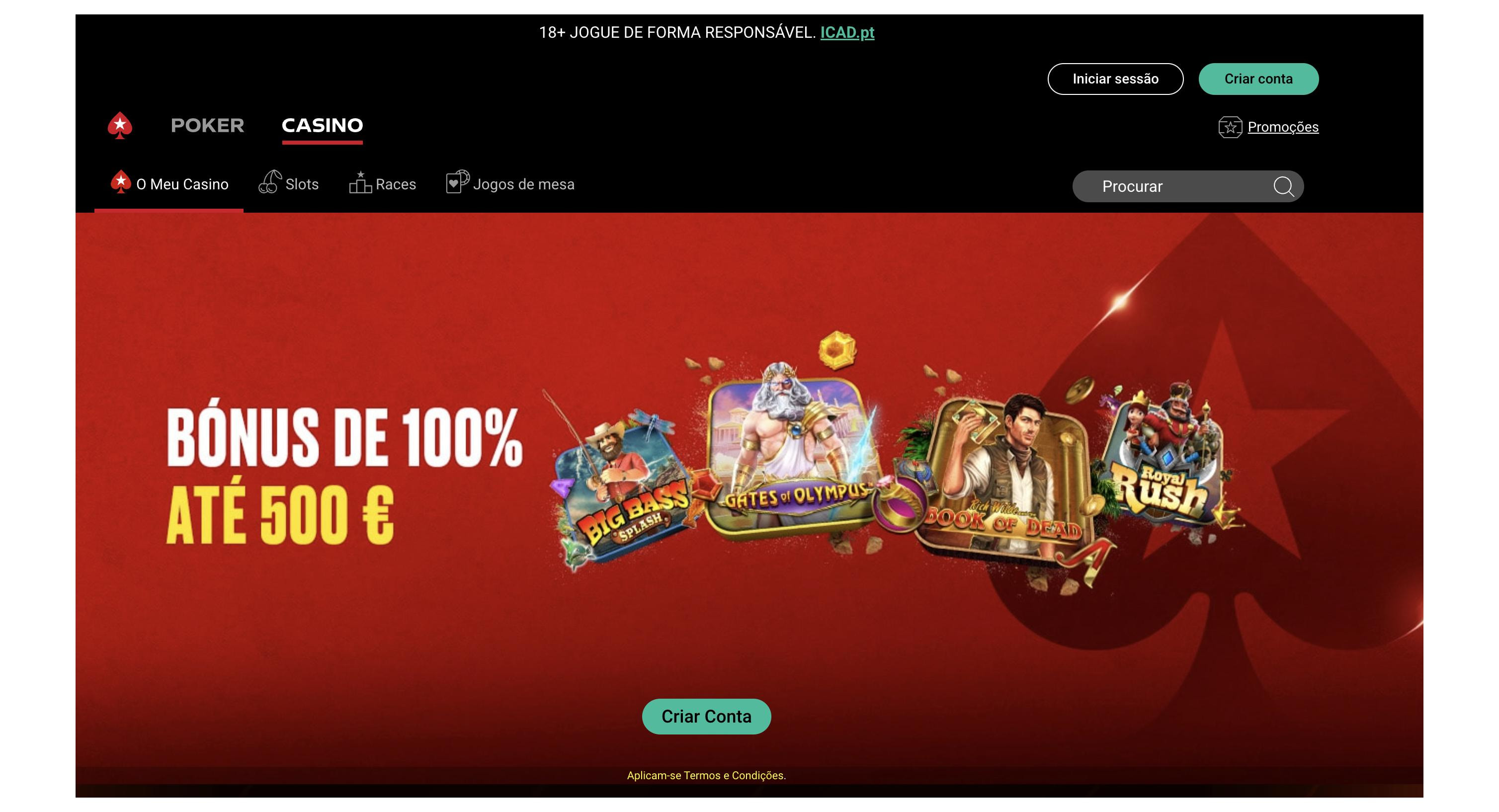 Pokerstart casino website screenshot a mostrar oferta de registo
