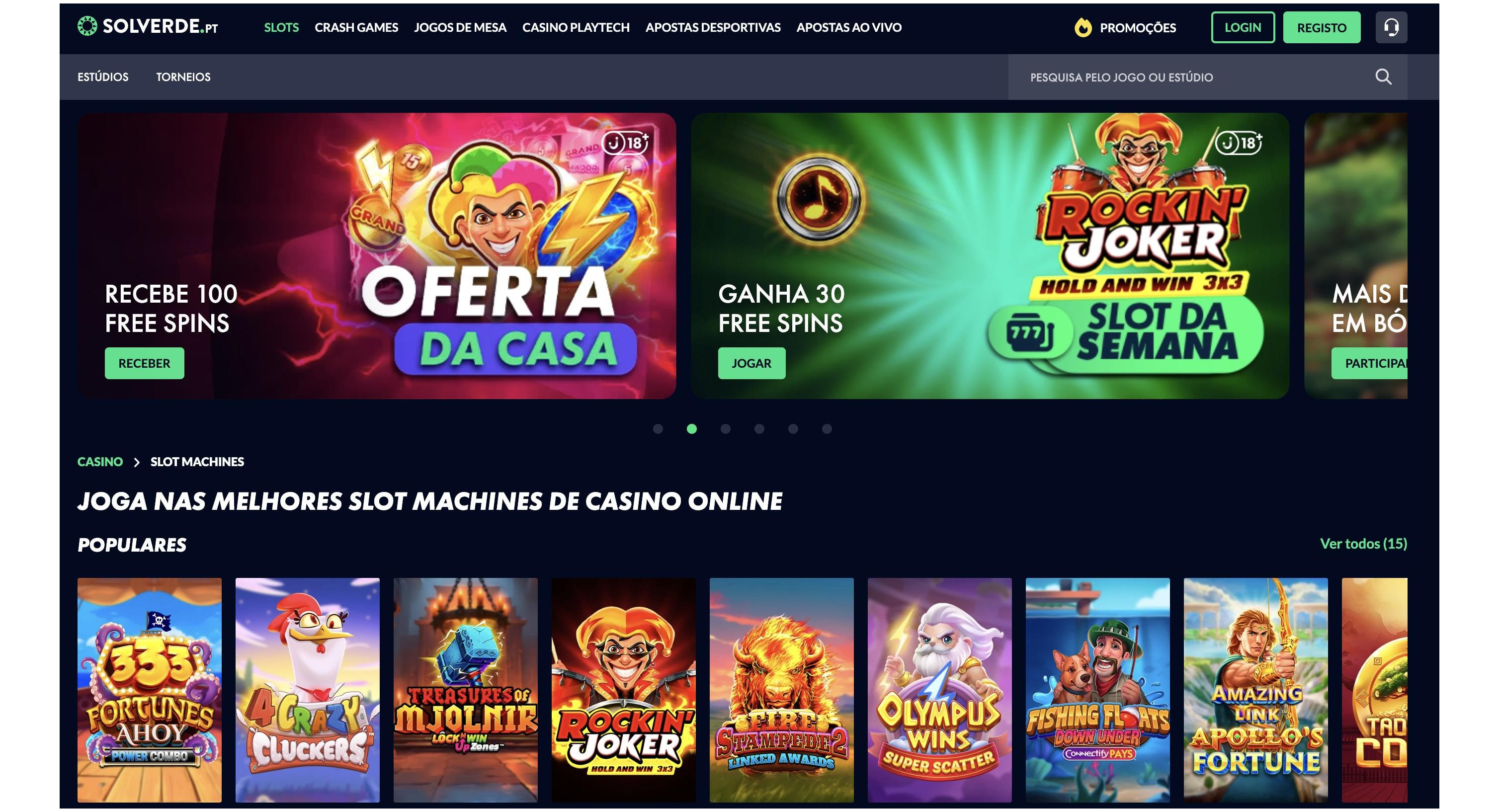 SOLVERDE casino website screenshot a mostrar slot machines populares